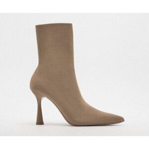 ZARA Knit Sock Ankle Boots Sandy Brown Pointed Toe Stiletto Heel Stretch Booties